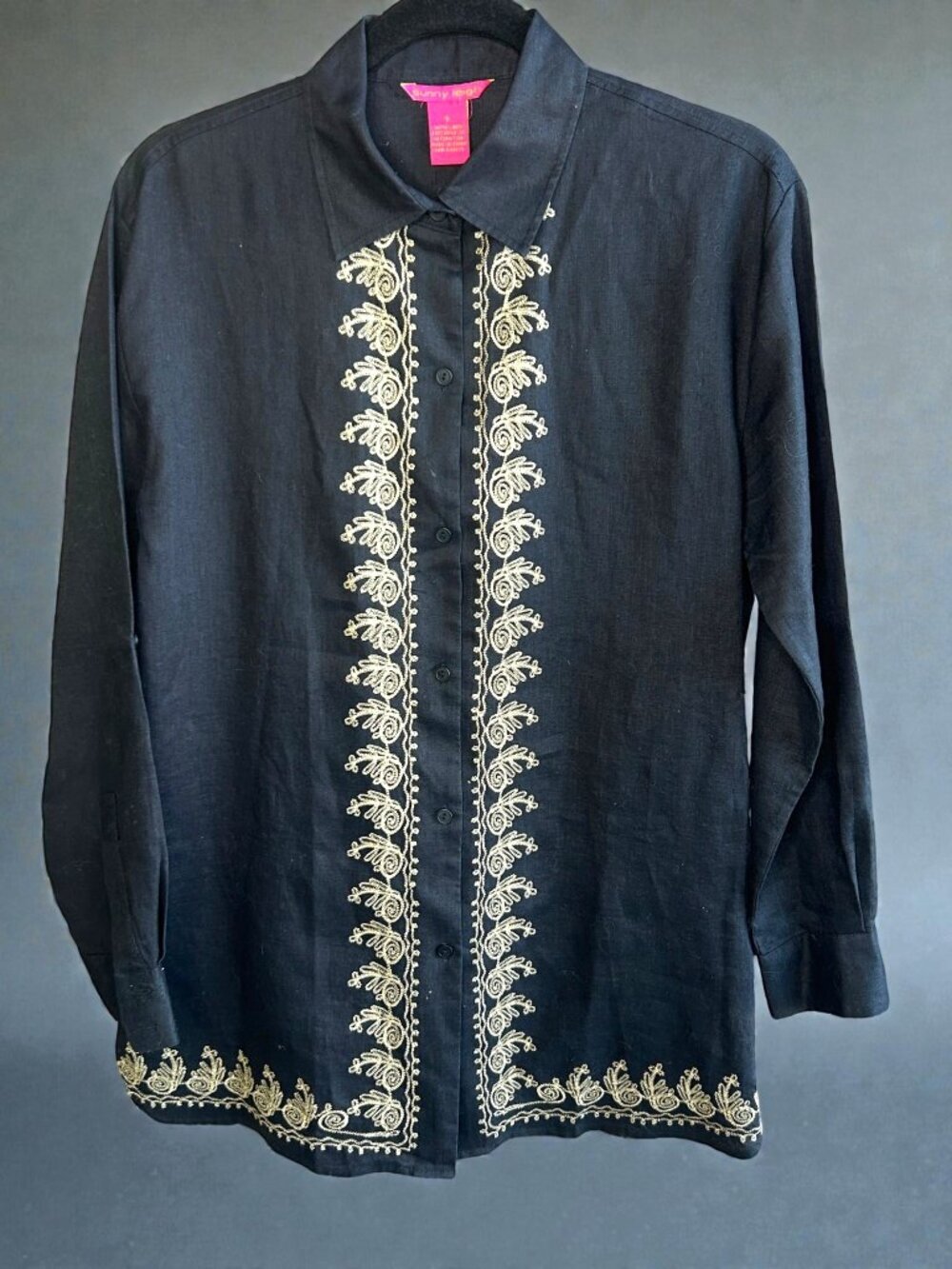 Sunny Leigh Shirt Vintage 100% Linen Black Embroidered Tunic Blouse Size Small